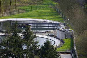 Image of settling tanks at a wastewater treatment plant through a copse of trees.