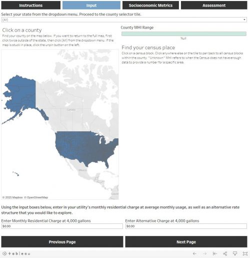 Preview of data and information contained at Water And Wastewater Residential Rates Affordability Assessment Tool (Tableau)