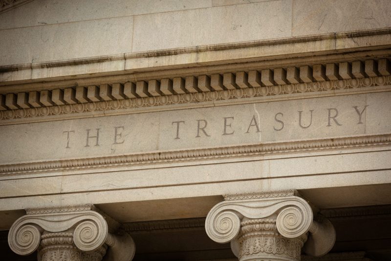 Close-Up of the Lettering "The Treasury" at the Treasury Department Building in Washington, DC